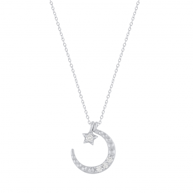 Round White Diamond Three Stone Half Cresent Moon With Tiny Star Pendant for Her (0.10 ctw, Color I-J, Clarity I2-I3) in 925 Sterling Silver
