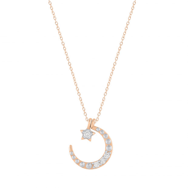 Round White Diamond Three Stone Half Cresent Moon With Tiny Star Pendant for Her (0.10 ctw, Color I-J, Clarity I1-I2) in 14K Rose Gold