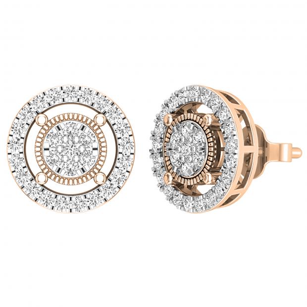 Round White Diamond Circle Shape Frame Cluster Ladies Push Back Stud Earrings (0.76 ctw Color I-J Clarity I1-I2) | 18K Rose Gold