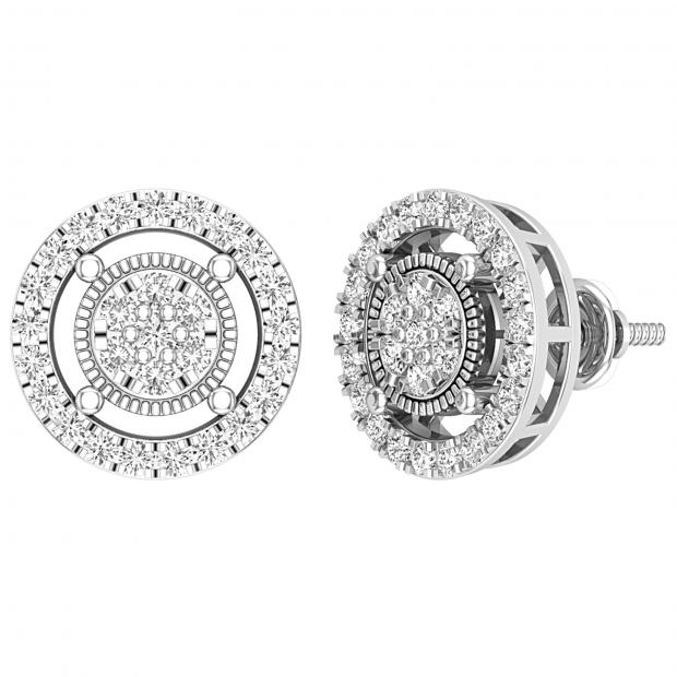 Round White Diamond Circle Shape Frame Cluster Screw Back Stud Earrings for Her (0.76 ctw Color I-J Clarity I1-I2) | 18K White Gold