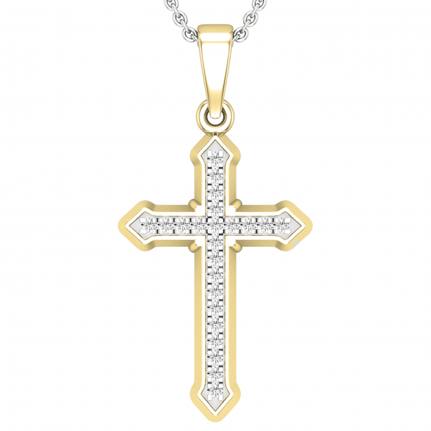 Round White Diamond Religious Divine Gothic Style Cross Pendant for Women (0.13 ctw, Color I-J, Clarity I1-I2) | 14K Yellow Gold