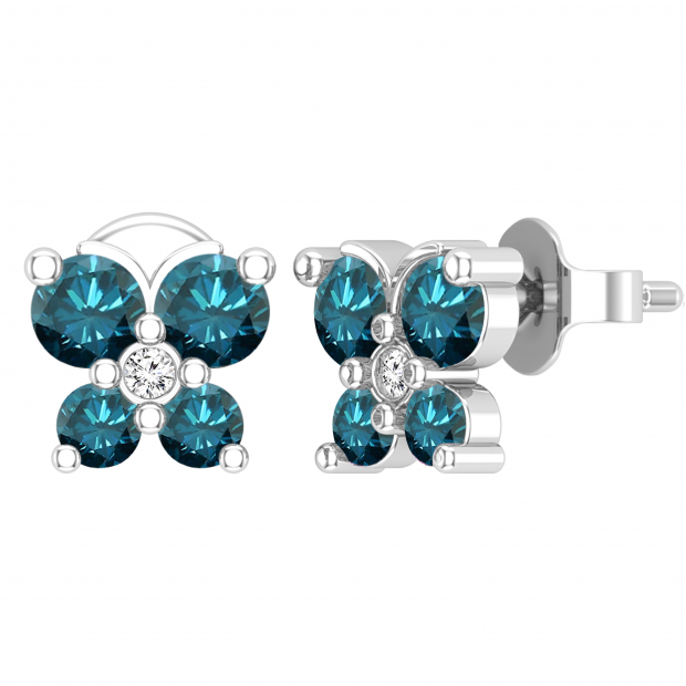 0.58 Carat (ctw) Round Blue and White Diamond Elegant Butterfly Shape Push Back Stud Earrings for Women, 14K White Gold