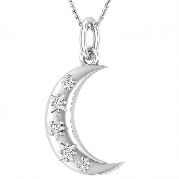 Round White Diamond Five Stone Dainty Half Crescent Moon  Pendant for Her (0.15 ctw, Color I-J, Clarity I1-I2) | 14K White Gold
