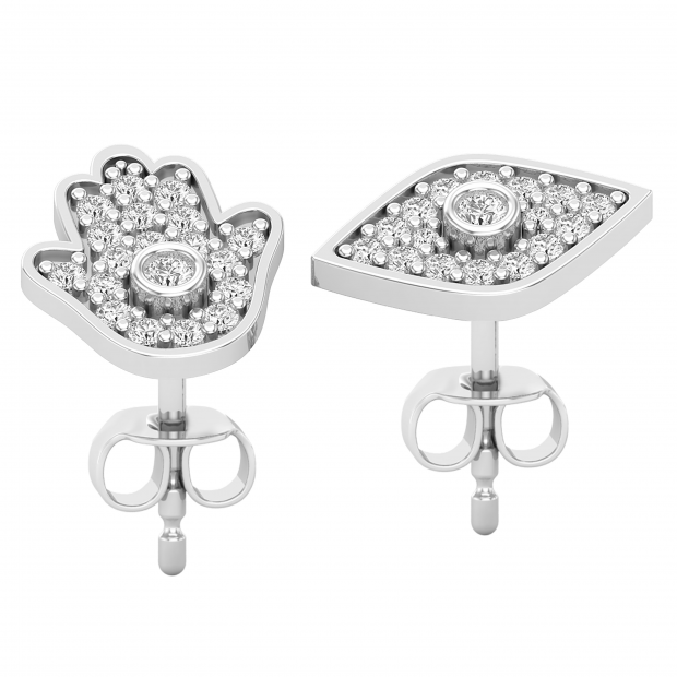 Pair of Hamsa Hand of Fatima and Evil Eye Studded With Round White Diamond Push Back Earrings for Her (0.22 ctw, Color I-J, Clarity I2-I3) | 925 Sterling Silver