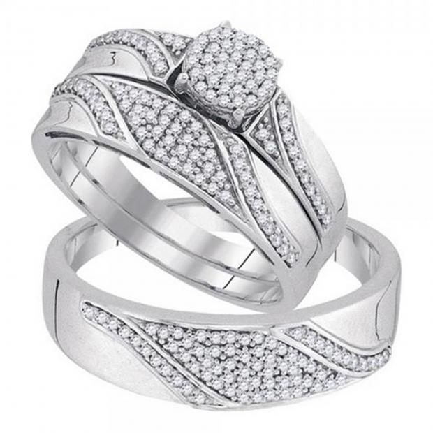 Round White Diamond his and her Forever Ensemble Trio Ring set 1/2 CT (0.51 ctw Color I-J Clarity I2-I3) 10K White Gold