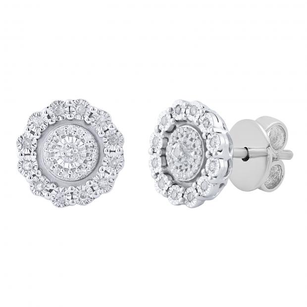 Round White Diamond Illusion Set Cluster Pushback Stud Earrings for Women (0.17 ctw Color I-J Clarity I2-I3) 10K White Gold