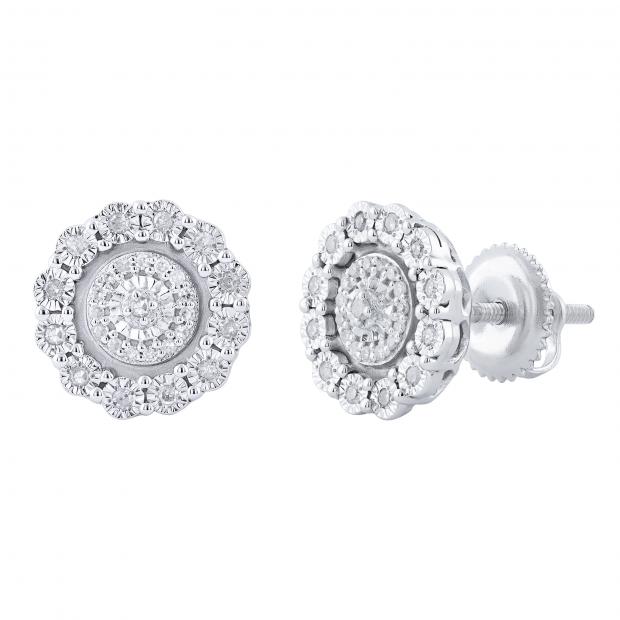 Round White Diamond Illusion Set Cluster Screwback Stud Earrings for Women (0.17 ctw Color I-J Clarity I2-I3) 925 Sterling Silver