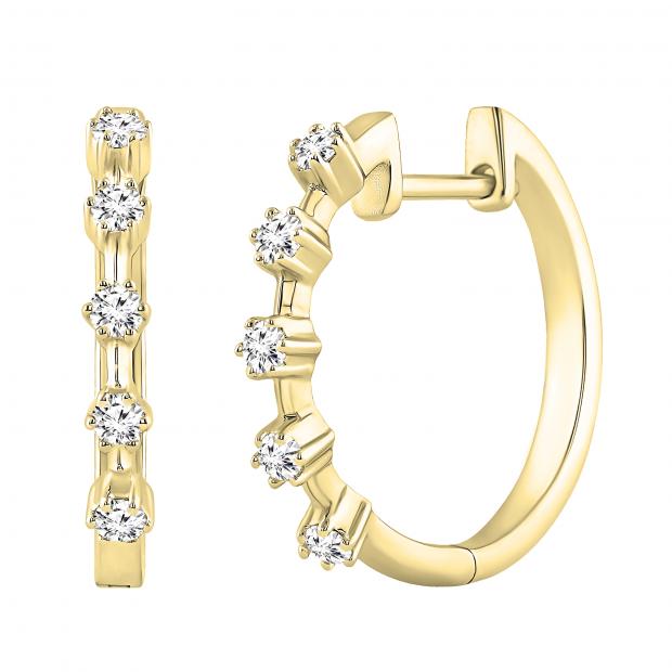Round White Diamond 5 Stone Style Hinged Huggie Hoop Earrings for Women (0.27 ctw I-J Color I2-I3 Clarity) 10K Yellow Gold