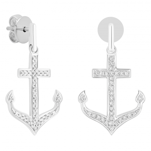 Round White Diamond Hanging Anchor Pushback Dangle Drop Earrings for Women (0.22 ctw, Color I-J, Clarity I2-I3) in 925 Sterling Silver