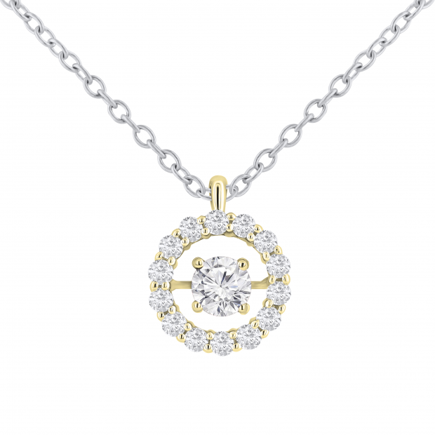 Round White Diamond Center Dancing Stone Pendant with Silver Chain for Women (0.60 ctw, Color I-J, Clarity I1-I2) in 18K Yellow Gold