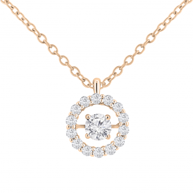 Round White Diamond Center Dancing Stone Pendant with Gold Chain for Women (0.60 ctw, Color I-J, Clarity I1-I2) in 18K Rose Gold