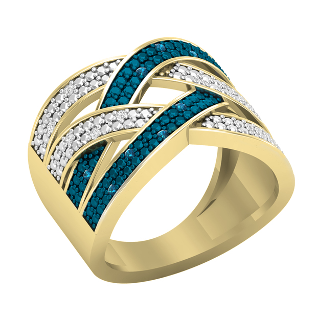 0.15 Carat (ctw) Round Blue and White Diamond with Metal Diamond Overlapping Split Shank Right Hand Ring for Women 1/6 CT in 18K Yellow Gold