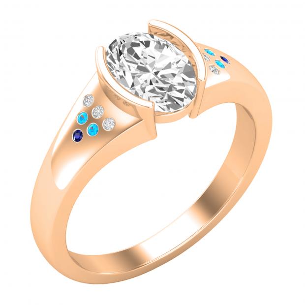 8X6mm Oval Center White and Round Cubic Zirconia in Bezel Set Engagement Ring for Women in 10K Rose Gold