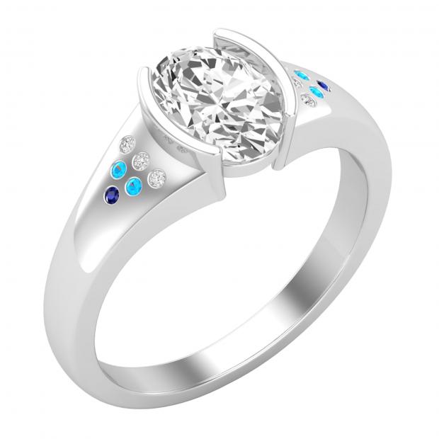 8X6mm Oval Center White and Round Cubic Zirconia in Bezel Set Engagement Ring for Women in 925 Sterling Silver