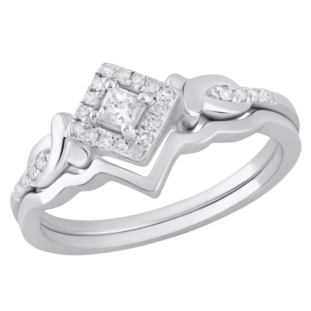Princess and Round Diamond Halo Bridal Wedding Ring Set 1/4 CT (0.25 ctw in Color I-J in Clarity I2-I3) in 10K White Gold