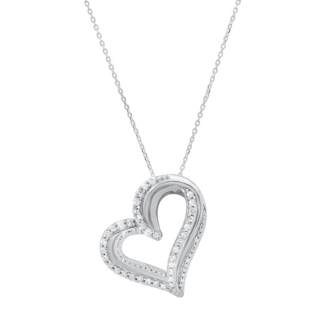 Round White Diamond Double Heart Design Pendant for Her (0.50 ctw Color I-J Clarity I2-I3) in 925 Sterling Silver