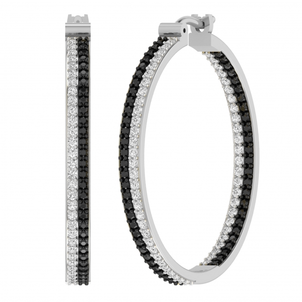 1.85 Carat (ctw) Round Black & White Diamond Halfway Double Row Inside Out Hinged Huggie Hoop Earrings for Women in 14K White Gold