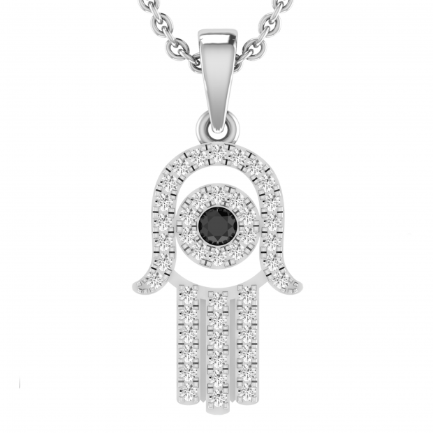 0.38 Carat (ctw) Round Black & White Diamond Hamsa Hand Pendant for Women with 18 Inch Silver Chain, 14K White Gold