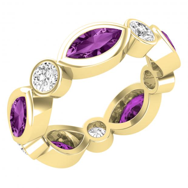 8X4mm Marquise Shaped Amethyst Alternating with 1.10 CT Round White Diamond Eternity Wedding Band for Her in 14K Yellow Gold