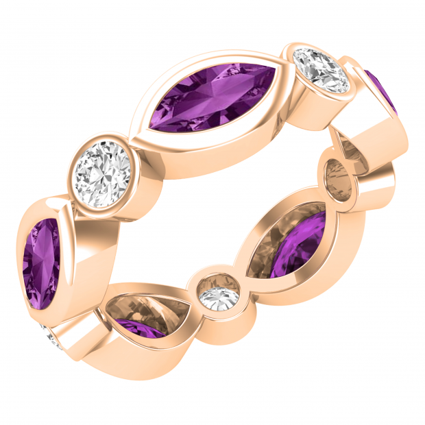 8X4mm Marquise Shaped Amethyst Alternating with 1.10 CT Round White Diamond Eternity Wedding Band for Her in 18K Rose Gold
