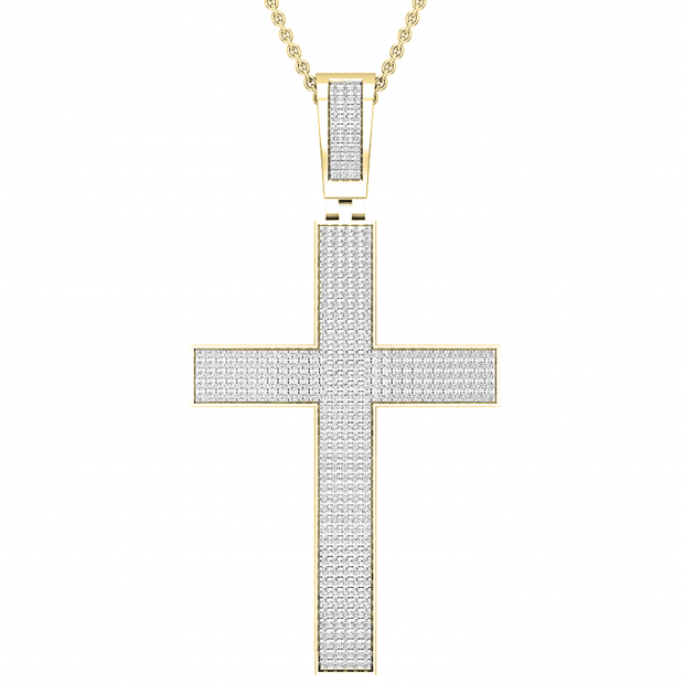 Round White Diamond Iced Out Slider Holy Cross Pendant with 18 Inch Gold Chain for Men 3/4 CT (0.77 ctw, Color I-J, Clarity I1-I2) in 18K Yellow Gold