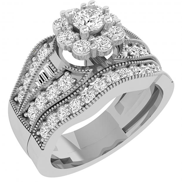 Baguette & Round White Diamond Cluster Flower Halo with Metal Beaded  Wedding Ring Set for Women ( 1.21 ctw Color I-J Clarity I2-I3) in 925 Sterling Silver