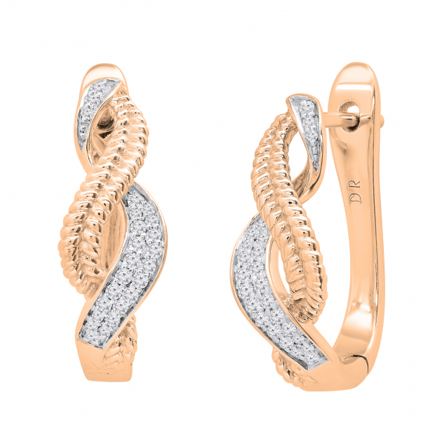 Round White Diamond Double Twist Braided Fashionable Hinged Huggies Hoop Earrings For Her 1/4 CT (0.25 Ctw I-J Color I1-I2 Clarity) 18K Rose Gold