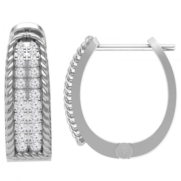 Round White Diamond Set in Two Rows with Metal Rope Huggie Hoop Earrings for Her (0.24 ctw Color I-J Clarity I2-I3) in 10K White Gold