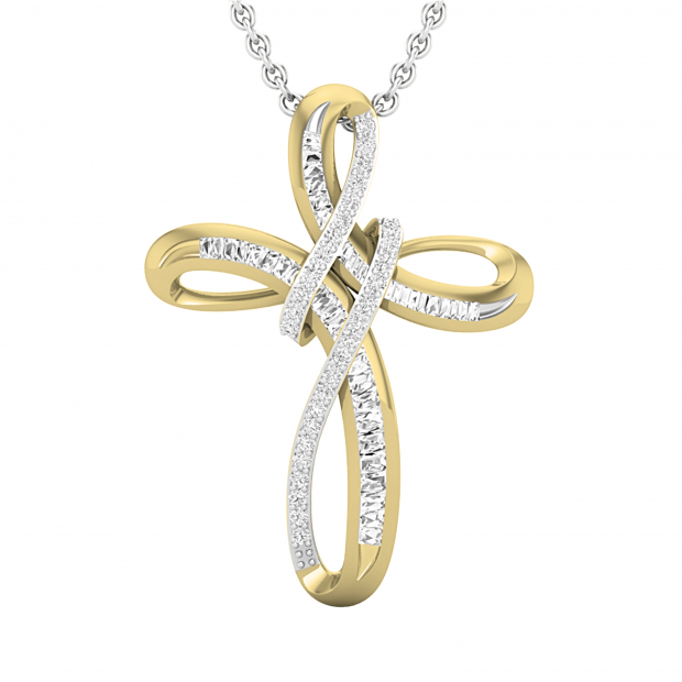 Round & Baguette White Diamond Intertwined Infinity Cross Pendant for Women with 18 Inch Silver Chain (0.26 ctw, Color I-J, Clarity I1-I2) in 14K Yellow Gold