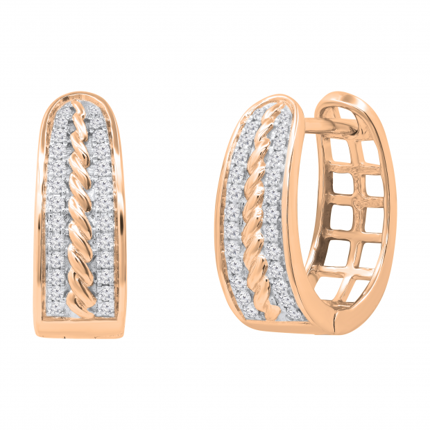 Round Set in Two Rows White Diamond in Between Rope Huggie Hoop Earrings for Women (0.30 ctw Color I-J Clarity I2-I3) in 14K Rose Gold