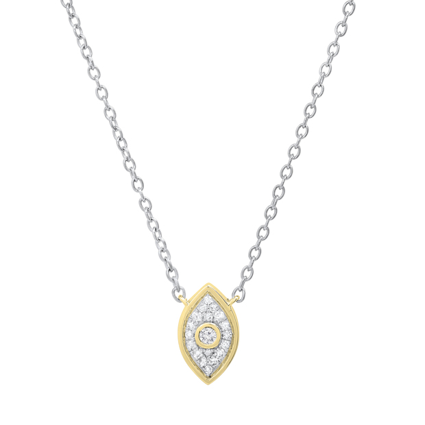 Round White Diamond Vertical Evil Eye Protection Charm Pendant Necklace with 18 inch Silver Chain for Women (0.10 ctw Color I-J Clarity I2-I3) in 10K Yellow Gold