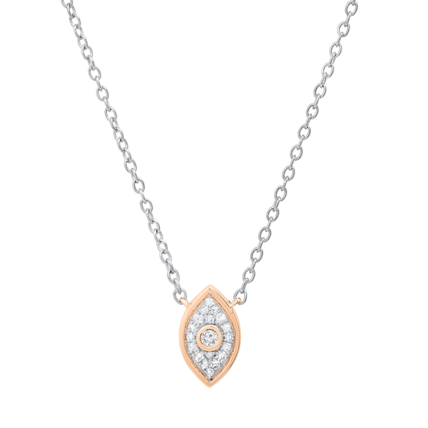 Round White Diamond Vertical Evil Eye Protection Charm Pendant Necklace with 18 inch Silver Chain for Women (0.10 ctw Color I-J Clarity I1-I2) in 18K Rose Gold