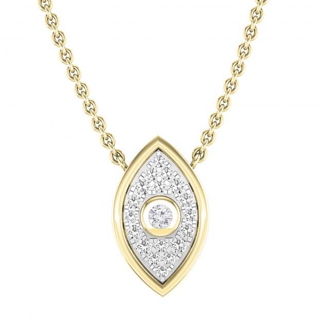 Round White Diamond Vertical Evil Eye Protection Charm Pendant Necklace with 18 inch Gold Chain for Women (0.10 ctw Color I-J Clarity I1-I2) in 14K Yellow Gold