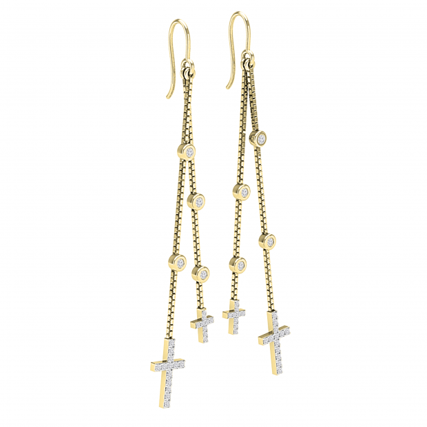 Round White Diamond Station Style Dangling Cross Drop Earring for Women (0.23 ctw, Color I-J, Clarity I1-I2) in 14K Yellow Gold