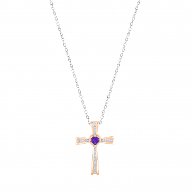 5X5mm Heart Amethyst & Round White Diamond Religious Cross Pendant with 18 inch Silver Chain for Women in 18K Rose Gold