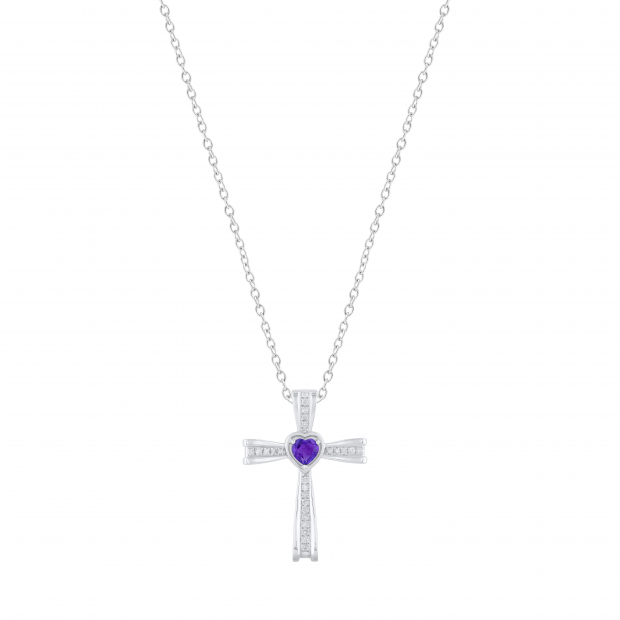 5X5mm Heart Amethyst & Round White Diamond Religious Cross Pendant with 18 inch Silver Chain for Women in 925 Sterling Silver