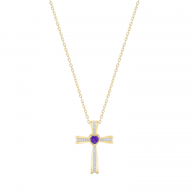 5X5mm Heart Amethyst & Round White Diamond Religious Cross Pendant with 18 inch Gold Chain for Women in 18K Yellow Gold