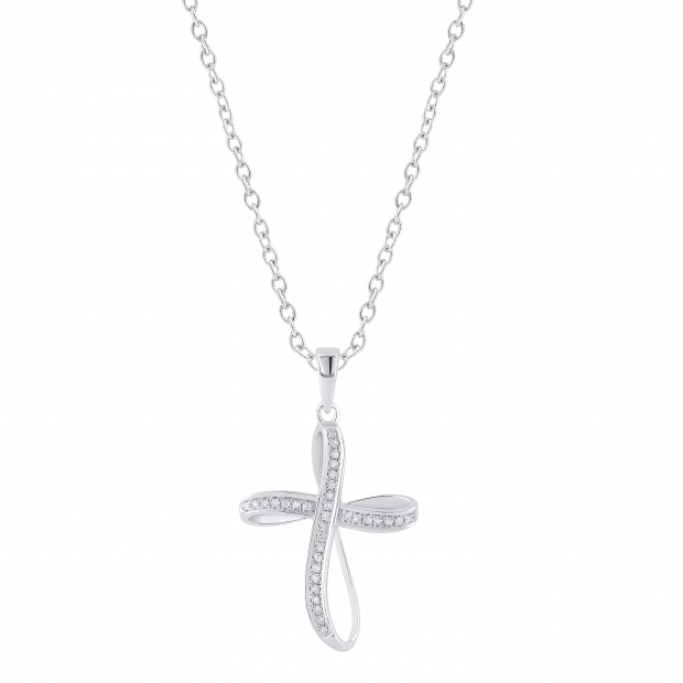 Round White Diamond Infinity Ribbon Cross Pendant with 18 Inch Silver Chain for Women (0.13 ctw, Color I-J, Clarity I2-I3) in 10K White Gold