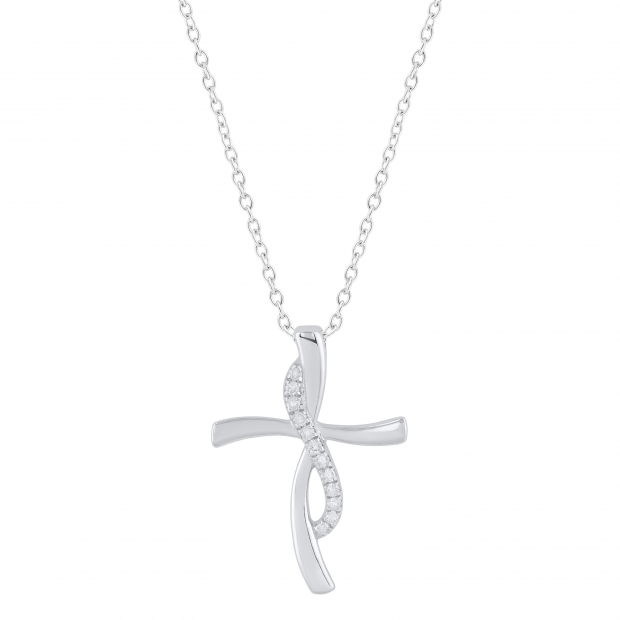 Round White Diamond Swirl Style Twist Cross Pendant for Women 18 Inch Gold Chain (0.12 ctw, Color I-J, Clarity I1-I2) in 14K White Gold