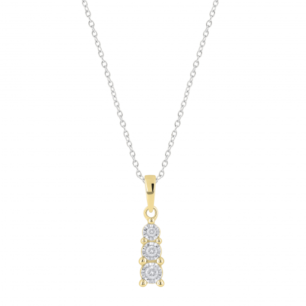 Round White Diamond 3 Stone Graduating Size Pendant with Silver Chain for Women (0.13 ctw Color I-J Clarity I2-I3) in 10K Yellow Gold