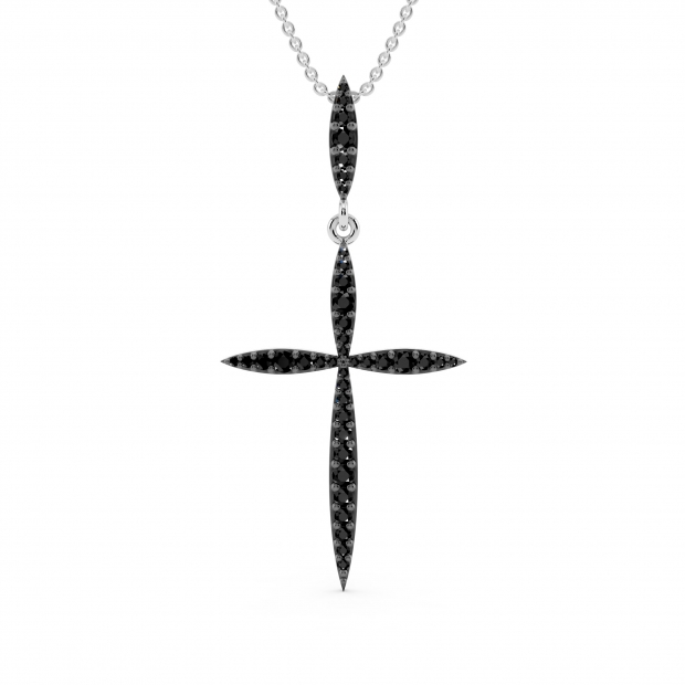 Round Black Diamond Twisting Religious Cross Pendant for Women 18 Inch Silver Chain (0.32 ctw, Color Black, Clarity Opaque) in 18K White Gold