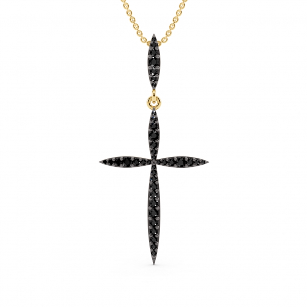 Round Black Diamond Twisting Religious Cross Pendant for Women 18 Inch Gold Chain (0.32 ctw, Color Black, Clarity Opaque) in 14K Yellow Gold