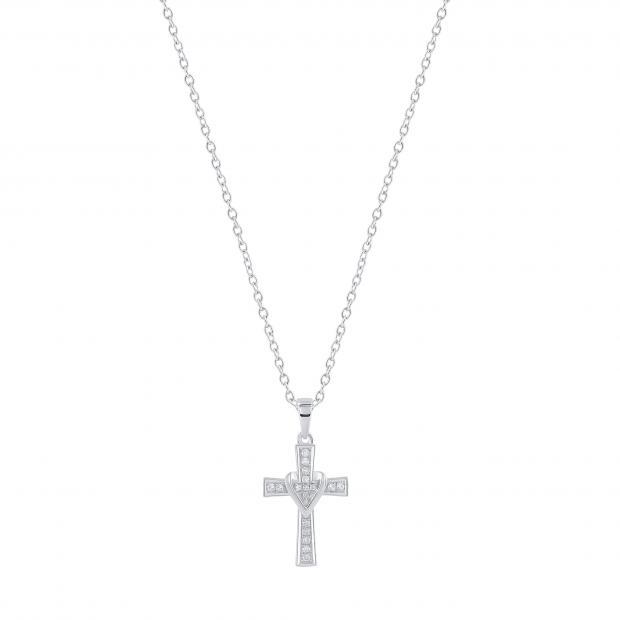 Round White Diamond Heart Cross Pendant with 18 inch Silver Chain for Women (0.12 ctw, Color I-J, Clarity I2-I3) in 925 Sterling Silver