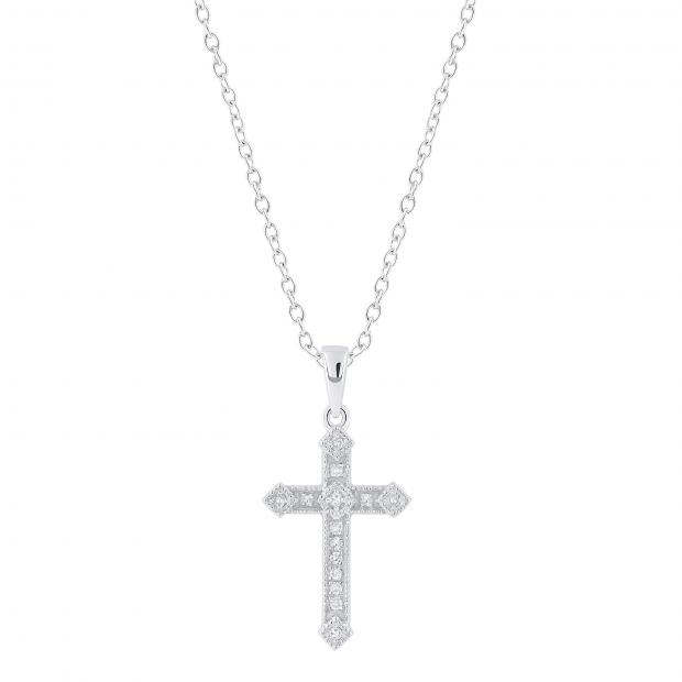Round White Diamond Kite Shape Edge Cross Pendant with 18 inch Silver Chain for Women (0.10 ctw, Color I-J, Clarity I2-I3) in 925 Sterling Silver