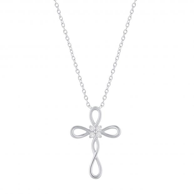Round White Diamond Infinity Swirl Cross Pendant with 18 inch Silver Chain for Women (0.21 ctw, Color I-J, Clarity I2-I3) in 925 Sterling Silver
