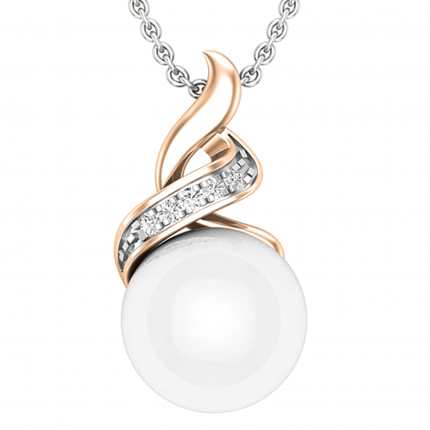 Round 9mm Cultured Freshwater Pearl and White Diamond Accent Crossover Pendant with 18 inch Silver Chain for Women in 14K Rose Gold