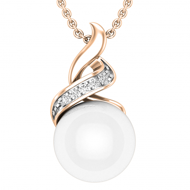 Round 9mm Cultured Freshwater Pearl and White Diamond Accent Crossover Pendant with 18 inch Gold Chain for Women in 18K Rose Gold