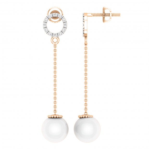 8mm Round Cultured Freshwater Pearl & 0.02 CT White Diamond Open Circle Linear Drop Earrings for Women in 10K Rose Gold