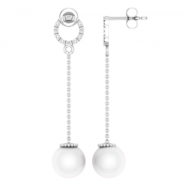8mm Round Cultured Freshwater Pearl & 0.02 CT White Diamond Open Circle Linear Drop Earrings for Women in 925 Sterling Silver