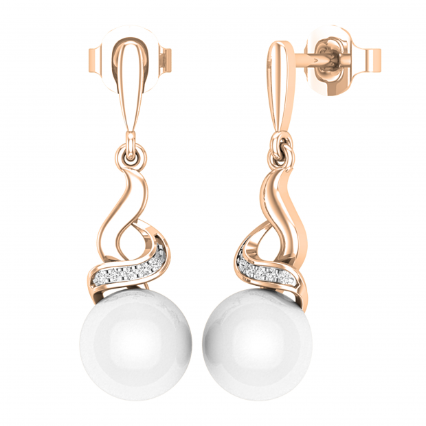 8mm Round Cultured Freshwater Pearl & 0.06CT Round White Diamond Twisted Swirl Pushback Drop Earrings for Women in 10K Rose Gold